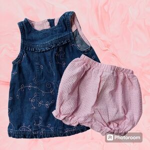 Denim Embroidered Jumper w/Pink Seersucker Bloomers, 6-9M